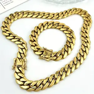 2 Pieces 8-14mm Cuban Chain Stainless Steel Thick Plated 18K Gold Plated New Button Men's Necklace Bracelet Set, Easy to Disassemble Fashion Necklace Gift, Jewelry