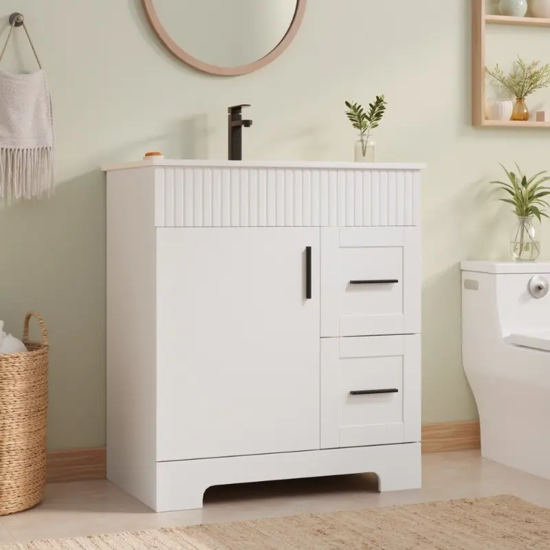 30" Modern Bathroom Vanity with Sink and Faucet, Freestanding Single Vanity with Ceramic Top, Storage Drawers & 1-Door Cabinet, Small Bathroom Sink Vanity for Powder Room & Bathroom, White