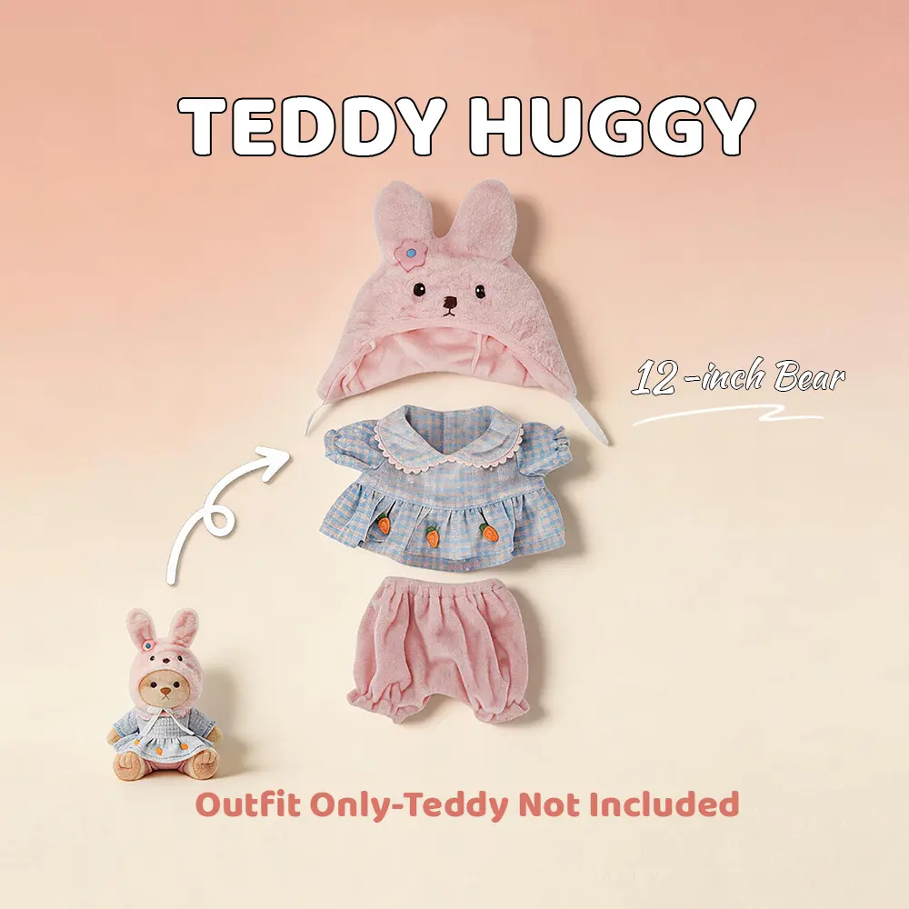 TEDDY HUGGY Bunny Plaid Dress Teddy Bear Outfit -3-Piece Set for 12-Inch Plush Bears, Soft Stuffed Animal Clothes, Rabbit outfit, Plaid shirt with carrot, Rabbit hat seperatly