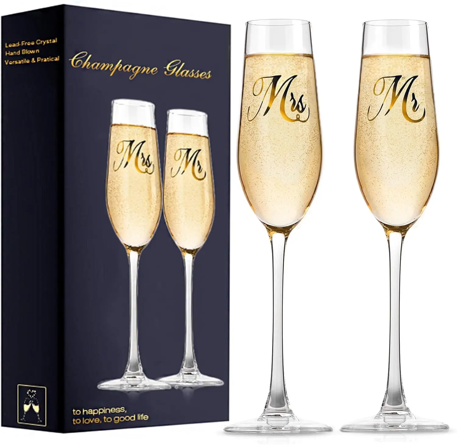 His & Hers 2-Piece Engraved Letters 6oz Romantic Wine Glass Set - Adults Couples Wedding Toasting Glasses, Bride & Groom Gift, Registry Idea, Champagne, Two Piece Set