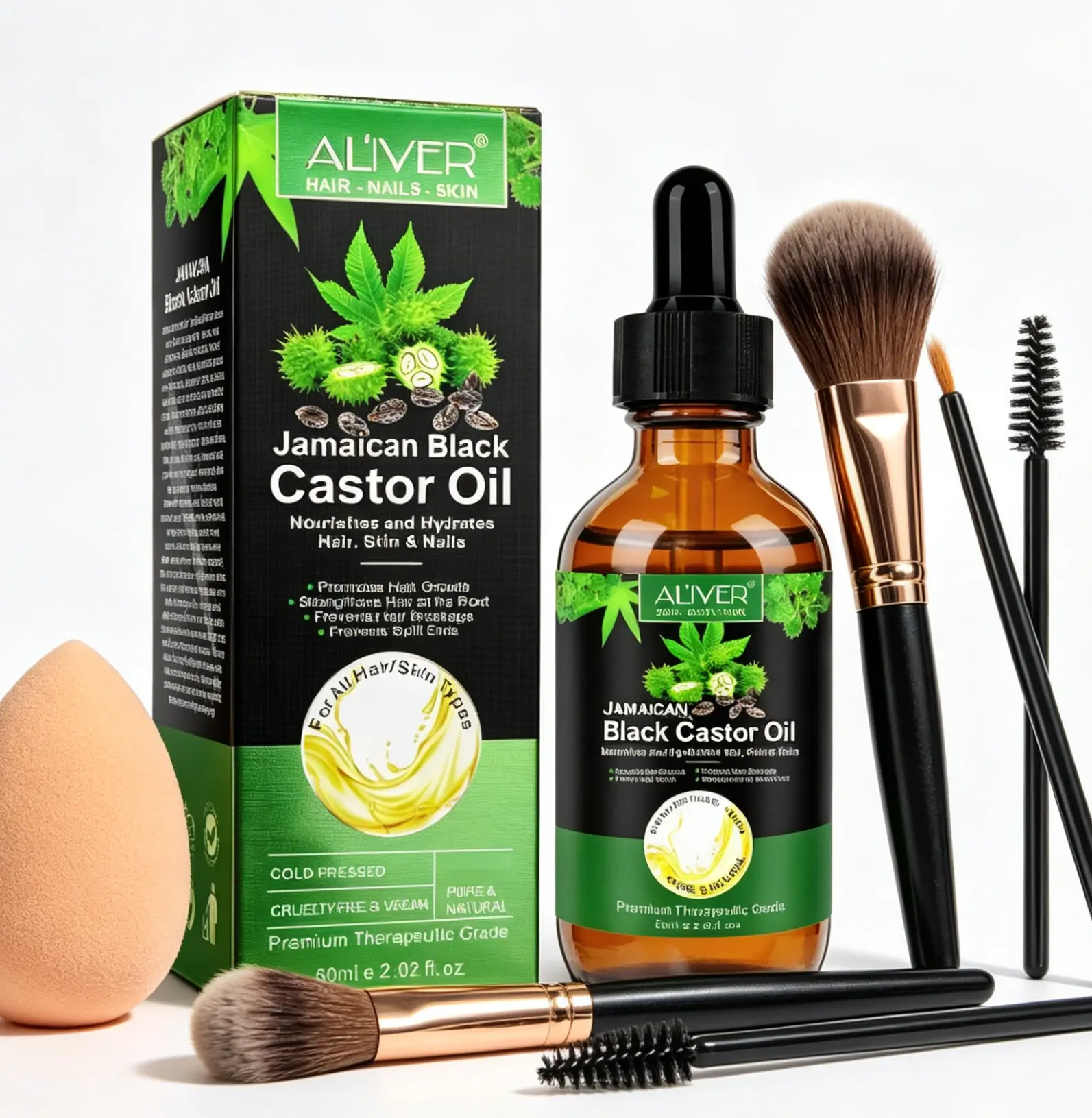 ALIVER 60ml Organic Jamaican Black Castor Oil, Vegan Cold Pressed Essential Oil, Anti-Dandruff Scalp Care, All-in-One Hair Skin Nail Treatment