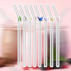 Set of 8pcs Reusable Glass Straws | Cute Bendable Straws with Colorful Butterfly Flowers, Transparent Glass, 2 Cleaning Brushes - Suitable for Smoothies, Milkshakes, Juices and Tea Drinking Accessories