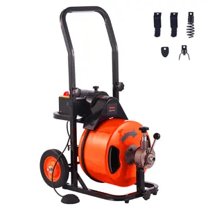 VEVOR Drain Cleaning Machine 75 FT x 1/2 Inch,  Sewer Auger Auto Feed with 4 Cutter & Air-activated Foot Switch for 1" to 4" Pipes, Orange, Black