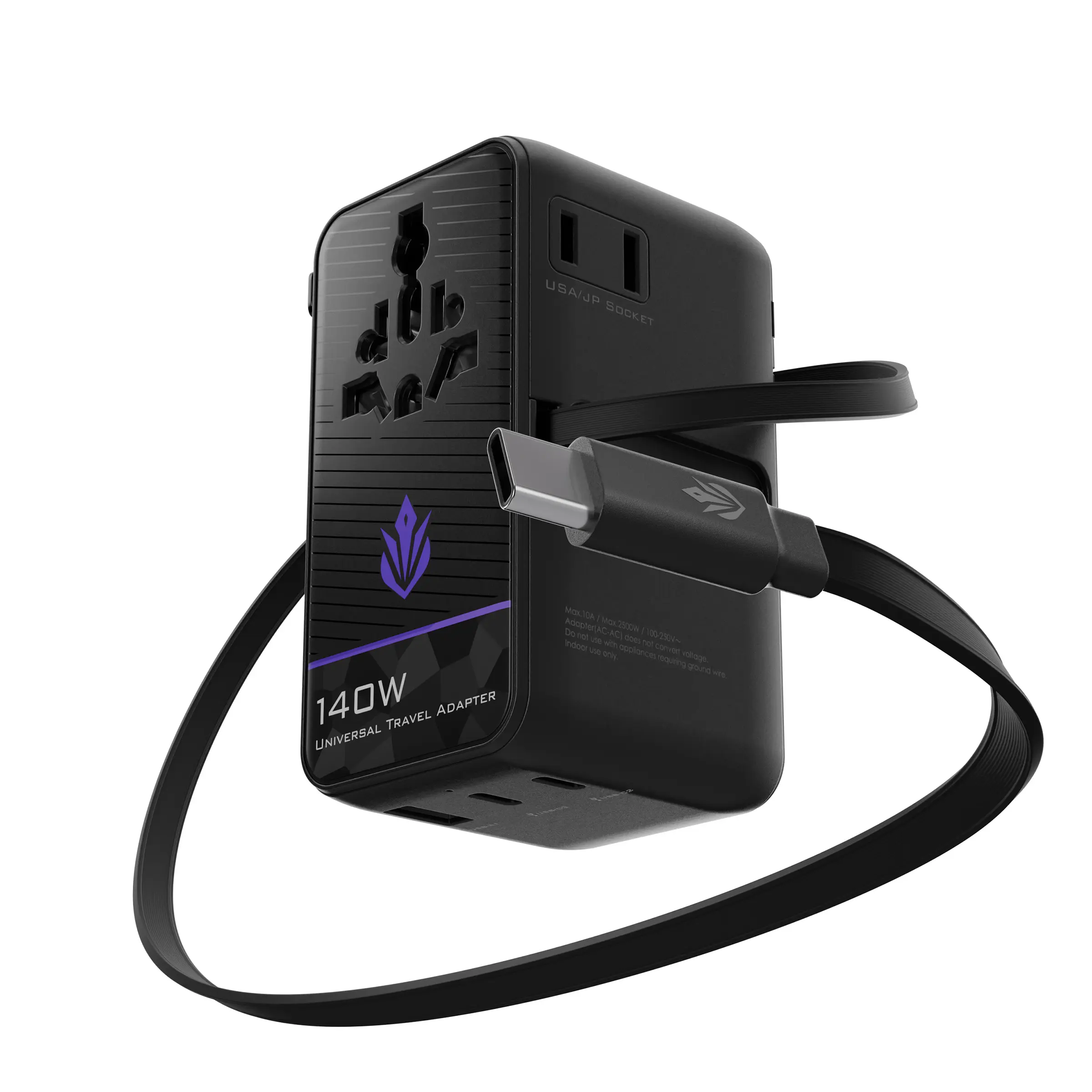 ELO Phase 140W Universal Travel Adapter | GaN, USB-C PD 3.1 Fast Charging | US UK EU AU Plugs | Retractable Cable | 200+ Countries