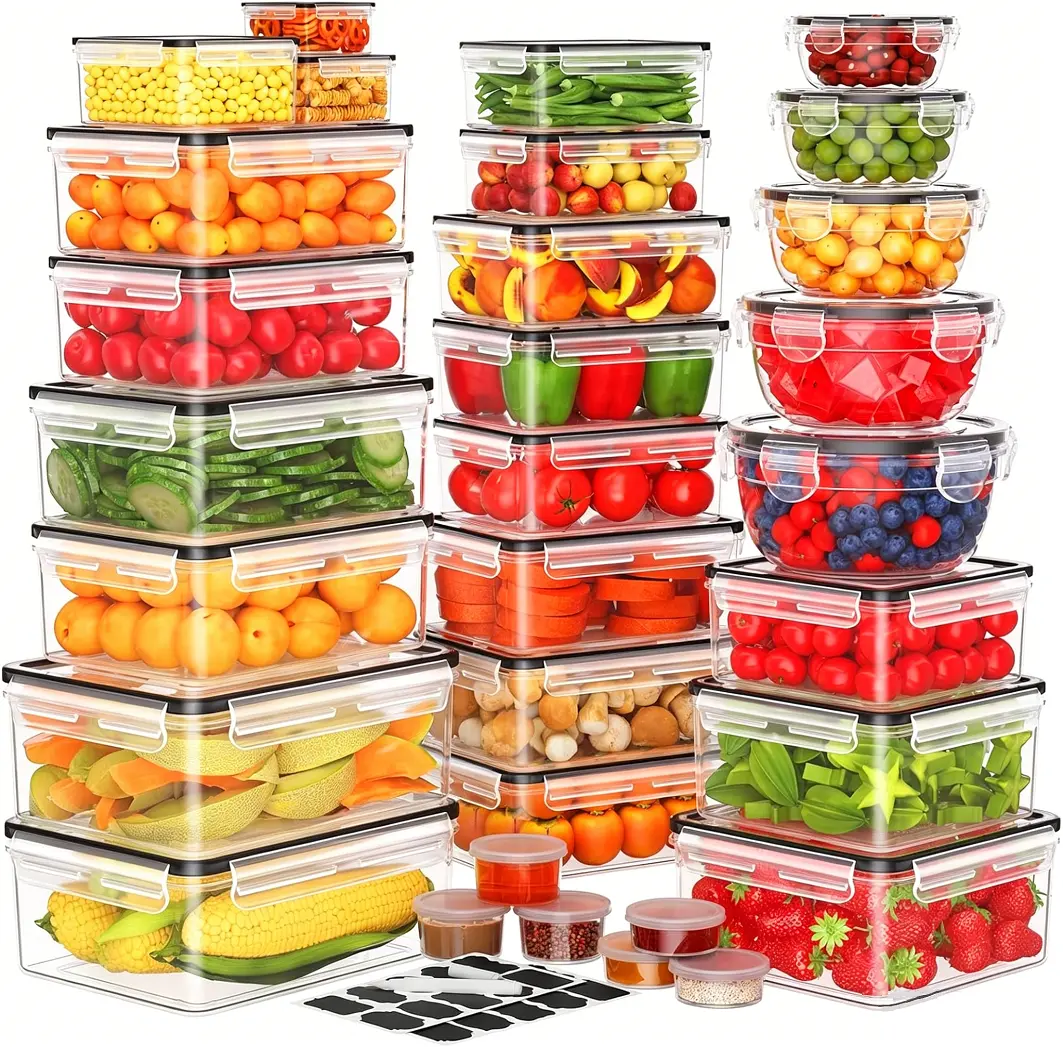 62Pcs Airtight Food Storage Containers Set with 31 Lids & Labels, 85oz Large Leakproof Stackable Plastic Snack Containers, Reusable Airtight Jars for Fridge & Pantry Cabinet Organization, Microwave-Dishwasher Safe