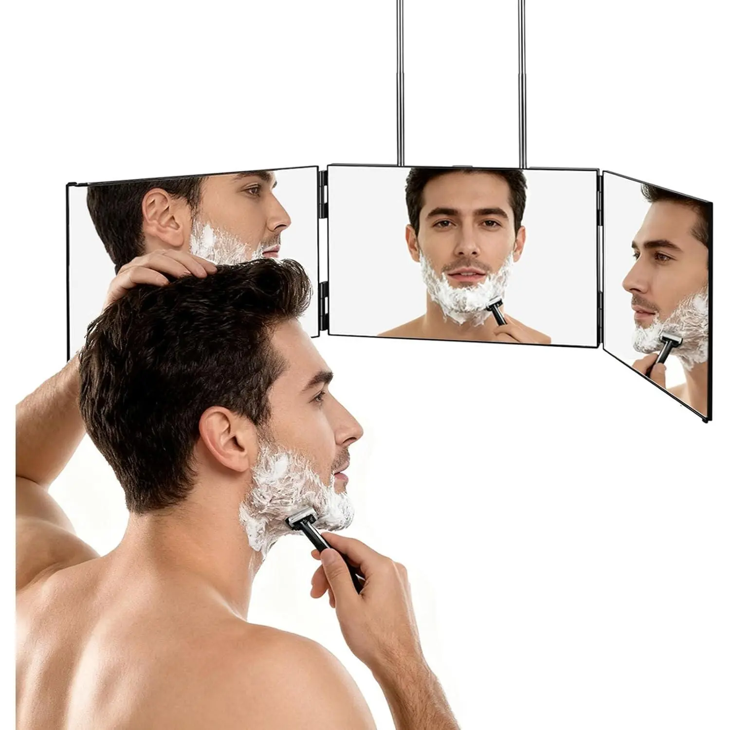 3-Way Glass Mirror for Self Hair Cutting & Barber Use, 360° Back-of-Head View, Tri-Fold Design with Portable Height-Adjustable Telescoping Hooks (6.7" x 10.8"), Boyfriend, Family, Father, Wall Mount, Waterproof, Door Hanging, 3 Way Mirror, Three Way