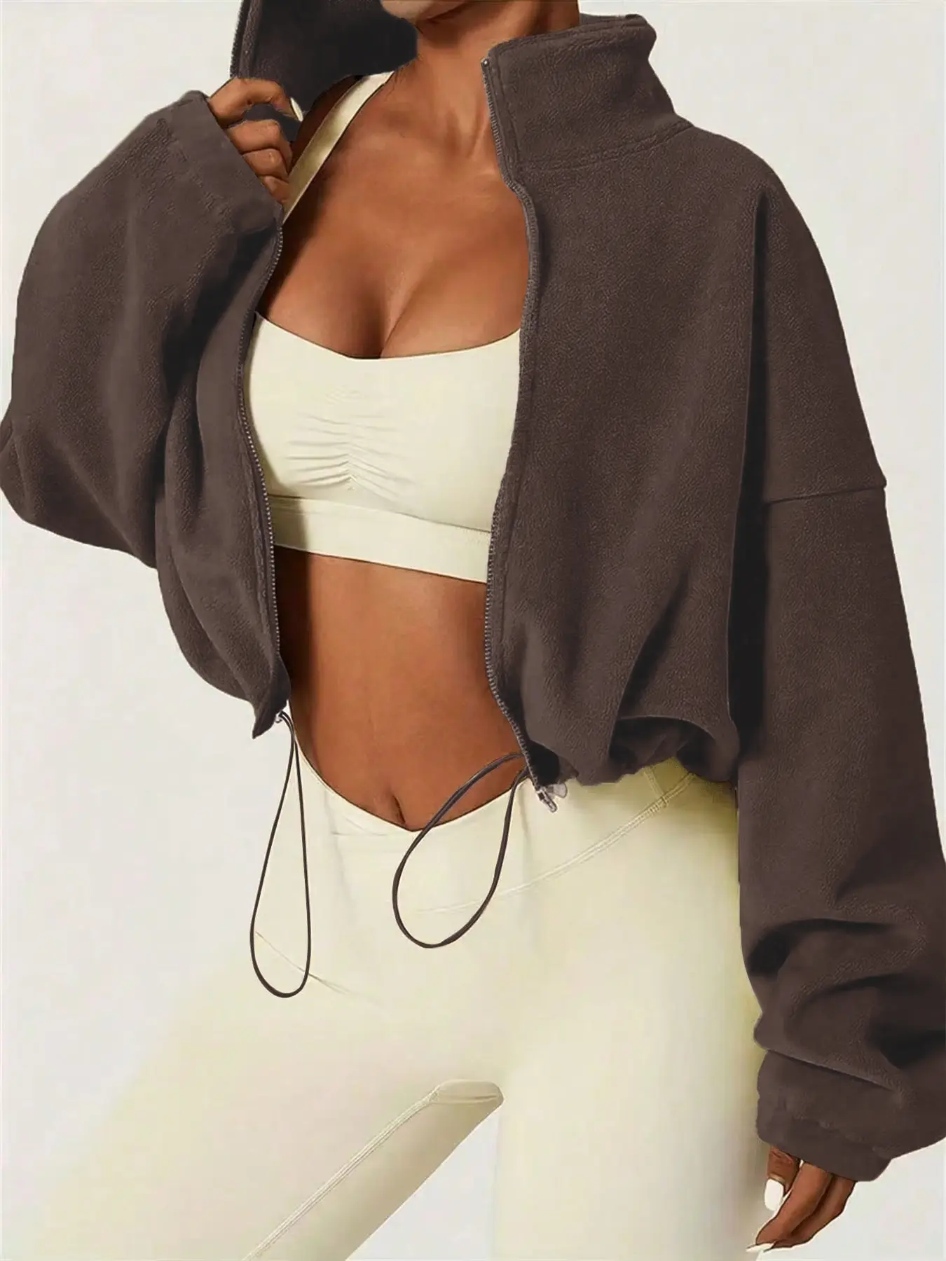 Women's Autumn Winter Fleece Jacket, Stand Collar Zipper Pocket Design, Adjustable Drawstring, Casual Warm Loose Short Coat for Ladies, Daily Wear Outerwear