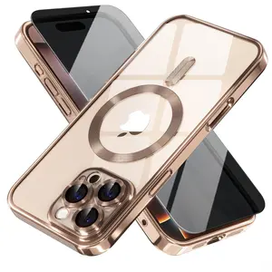 Magnetic for iPhone 16 Pro Max Case with Privacy Screen Protector & Full Camera Cover,[Non-Yellowing] Shockproof Clear Phone Case Compatible with MagSafe Women Girls for iPhone 16 Pro Max,Gold