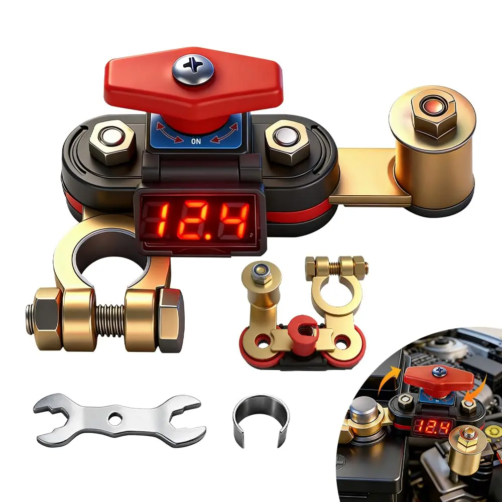 Universal Car Battery Disconnect Switch & Leak Protector with LED Voltage, 12/24V Battery Cut Off Switch, Thickened Pure Copper, Dual-Head Rotatable Battery Disconnect Switch for Car, Mower, RV, Boat