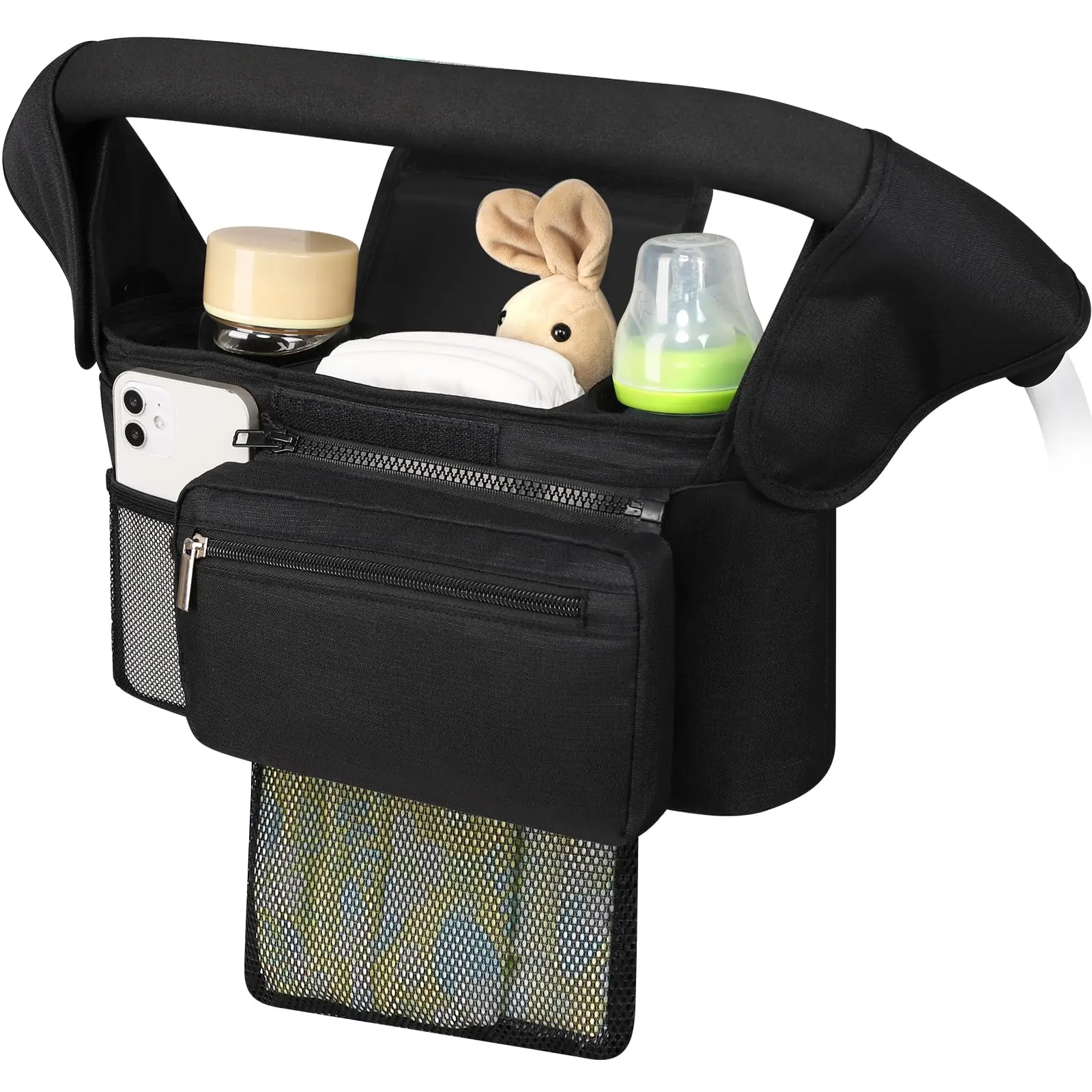 Universal Stroller Organizer with Insulated Cup Holder, Detachable Phone Pouch & Shoulder Strap, Multi-Pocket Baby Travel Caddy for Diapers, Wipes, Bottles, Snacks & Everyday Outings