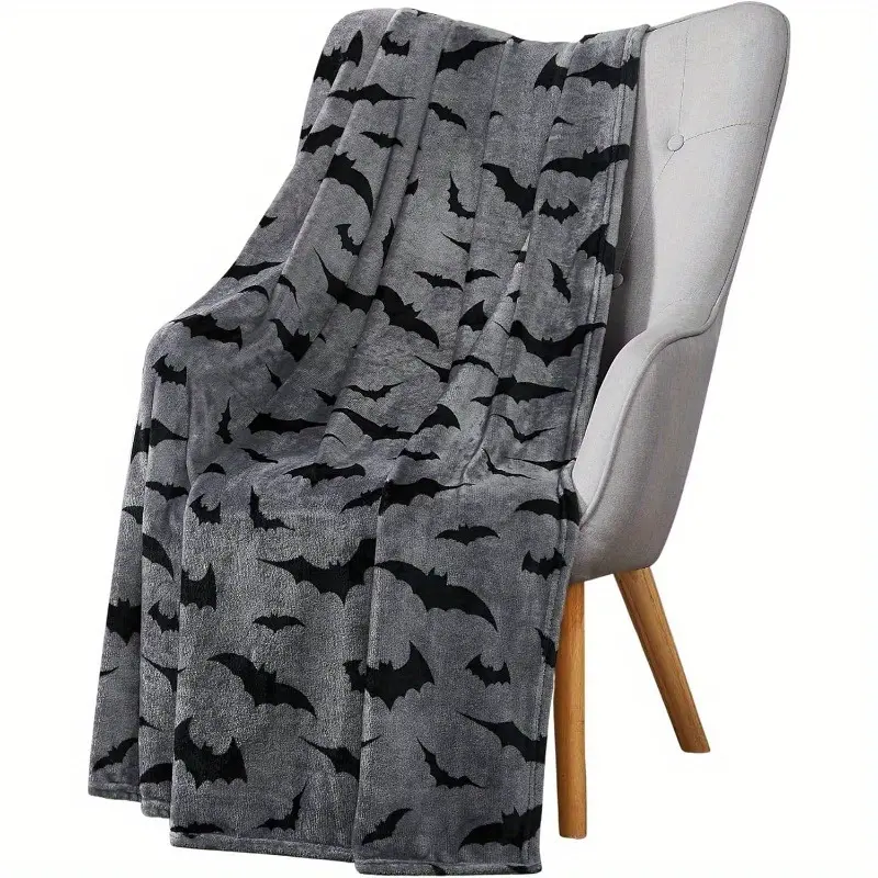 Halloween Aesthetic Bat Print Retro Vintage Throw Blanket - 280GSM Anti-Pilling Soft Warm Wrinkle Resistant, Machine Washable for Sofa Bed Room Decor Cozy Setup (Black Bats on Gray), Machinewash Easy