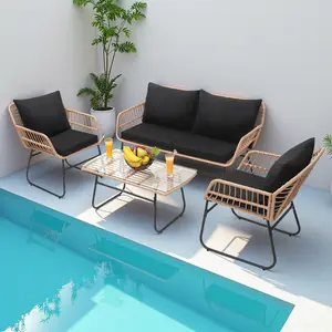 4 Piece Patio Bistro Outdoor Furniture Set, Wicker Sofa, 2 Rattan Chairs, and Table, Backyard Conversation Set, All Weather Cushions，for Garden,Poolside, Backyard