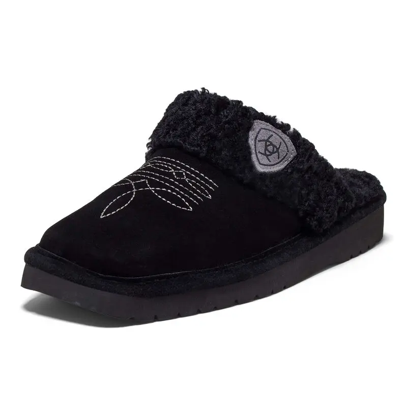 Ariat Women's Jackie Square Toe Slipper, Black Suede Slip On with Bootstitch Detail and Cushioned Indoor/Outdoor Sole, Acrylic, Underfoot, Eva, Plush, Leather, Single Stitch, Eva Sole, Cushioned Footbed, Faux Single Stitch Welt, Stitched Slippers, Women's