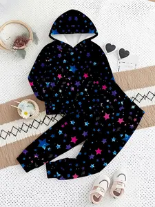 Girls' Multicolor Fluorescent Star Print Hooded Sweatshirt Set, Long Sleeve Sporty, Casual Outdoor Wear, Perfect Gift