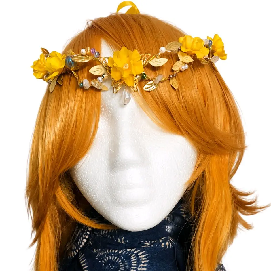 Handmade Stone Citrine Fairy Crown Renaissance Floral Headpiece Yellow Flower Hair Crown Cottagecore Wedding Festival Crown