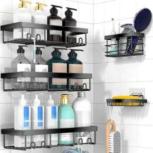 Adhesive Shower Caddy Organizer Shelves Rack - 5 Pack Corner Bathroom Storage Organization, Home & Kitchen Decor Inside RV Accessories, Hanging First Apartment Household Camper Essentials