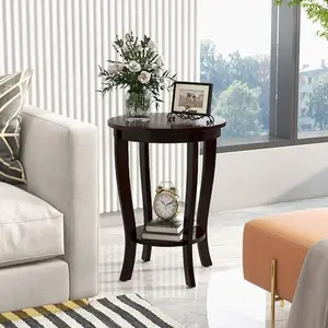 2-tier Round End Table with Solid Wood Legs-Espresso