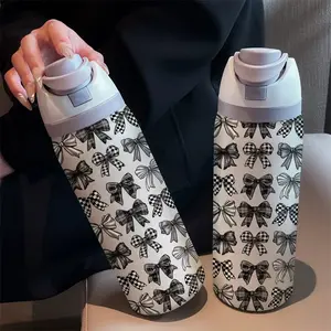 Grid Bowknot 32oz Dual Drink Sports Water Bottle Tumbler, 304 Stainless Steel Large Capacity Insulated Cup, Perfect Gift for Women