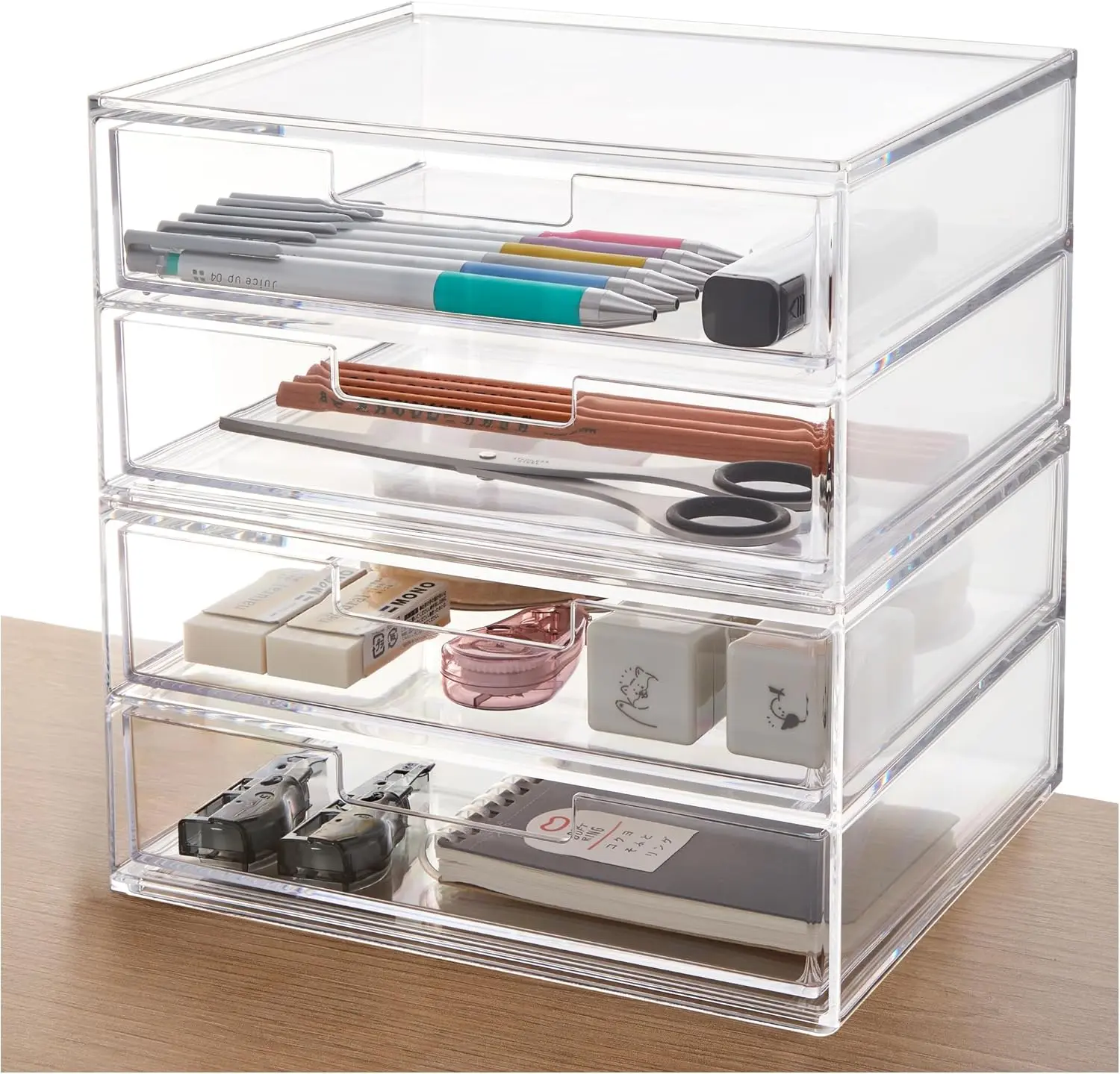 Stackable Desk Drawer Organizer, Clear Pen Pencil Makeup Brush Holder for Desktops and Vanities, 4 Wide Drawers (USA)