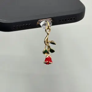1PC Cute and Exquisite Red Peach A/Rose/Love Bow/Tulip/Cherry Metal Pendant Dust Stopper, Personalized and Designed, Compatible with Lightning and Type-C Ports, Preventing Dust from Entering the Interface, Cell Phone Charm