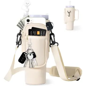 Water Bottle Carrier Bag with Phone Pocket for Stanley 40/30 oz Tumbler Neoprene Water Bottle Holder Pouch with Adjustable Strap Bollus with Straw Cover for Stanley Cup Accessories