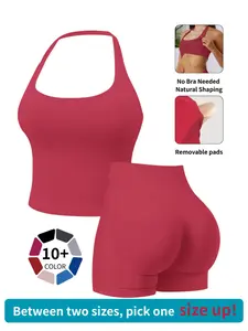Women's Two-Piece Set, Athletic Sets, Solid Color Halter Top & High Waist Shorts, Sporty Breathable Quick-Dry High Stretch Exercise Activewear for Yoga Gym Workout Running