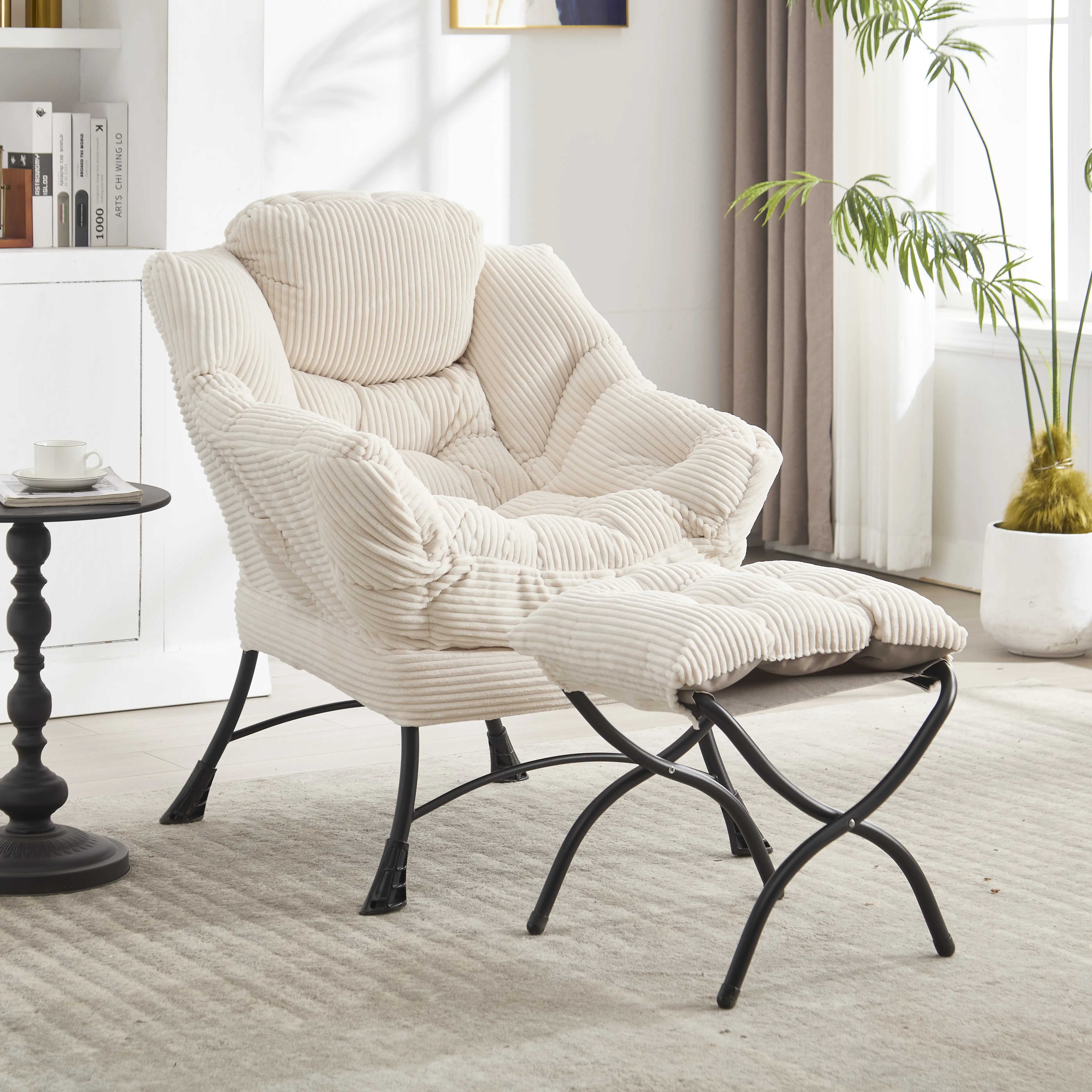 White Lazy Style Recliner with Ottoman, Modern Floor-Friendly Ergonomic Anti-Slip Footrest Recliner, Upholstered Lounge Accent Chair with Armrests & Side Pocket for Small Spaces & Corners, Modern Recliners, Lazy Style Recliners
