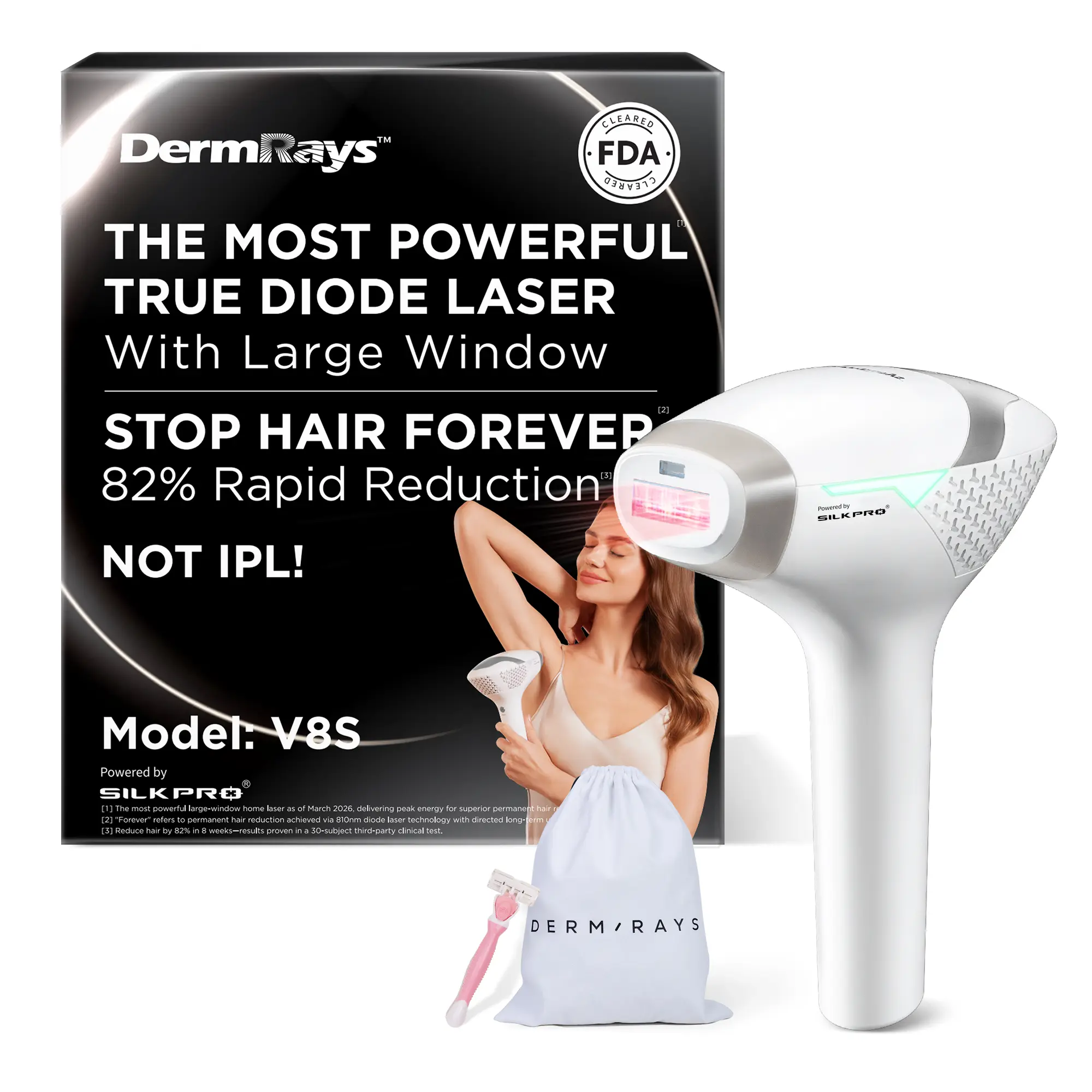 DermRays V8S Diode Laser Hair Removal Device - Painless At-Home Clinical Tech, 810nm Safe Tool for Women, 810nm Safe Tool for Women, Targets Face, Smooth Legs & Bikini Line Routine, Disables Follicles (Except Red Hair)