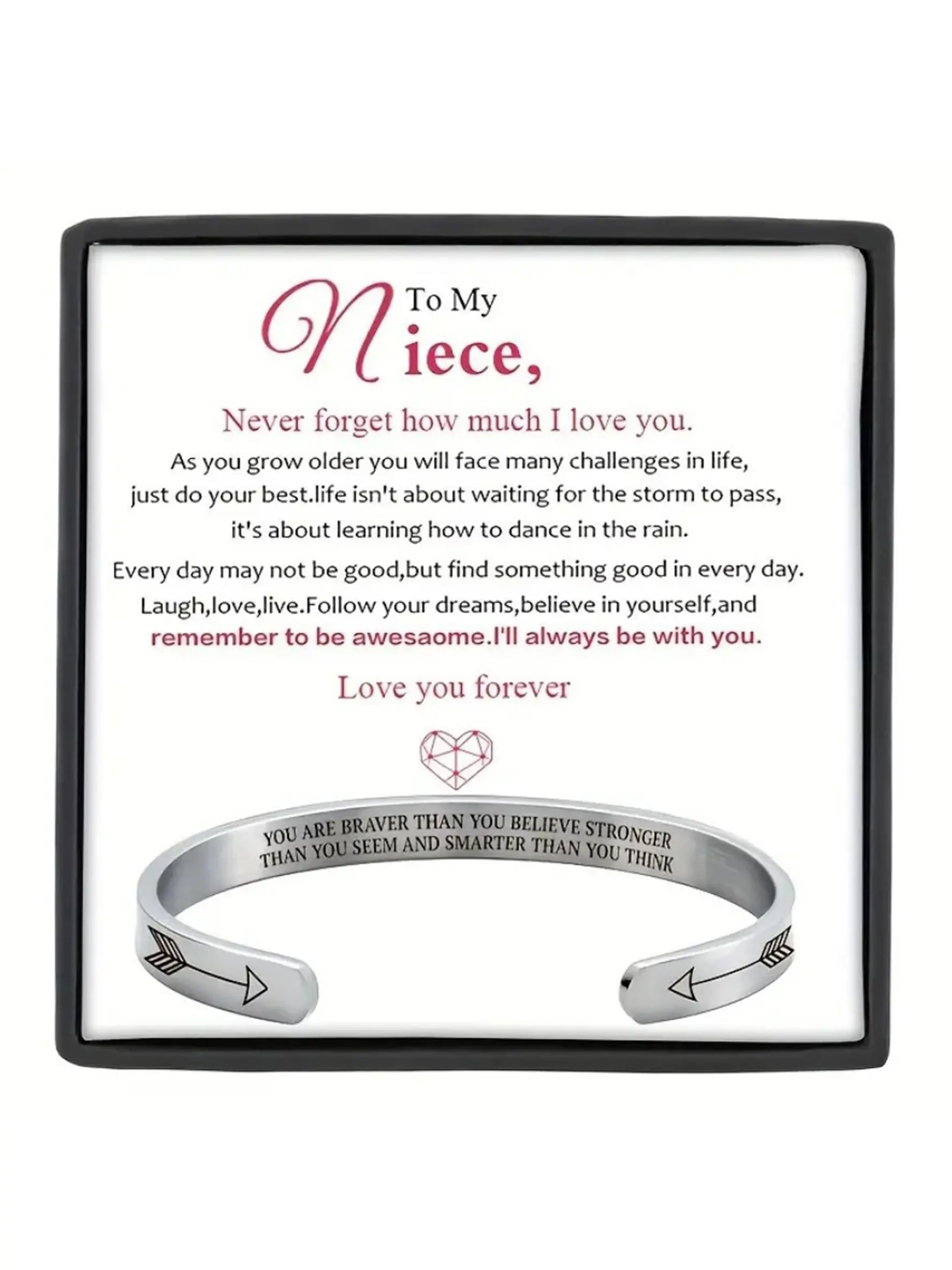 To My Niece Back-to-School Inspirational Trendy C-Shaped Open Bracelet Cuff Bangles Bracelets | With Message Card & Gift Box | Perfect Christmas/Birthday/Party/Anniversary/Back-to-School Gift Cuff Bracelet
