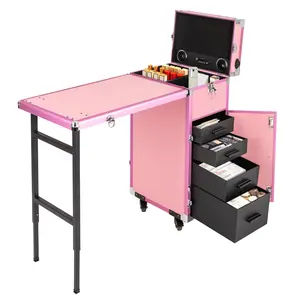 CNCEST Rolling Manicure Desk Makeup Train Case Travel Cosmetic Trolley Storage Organizer with 4 Removable Drawers & Bluetooth Speakers Pink Modern Style