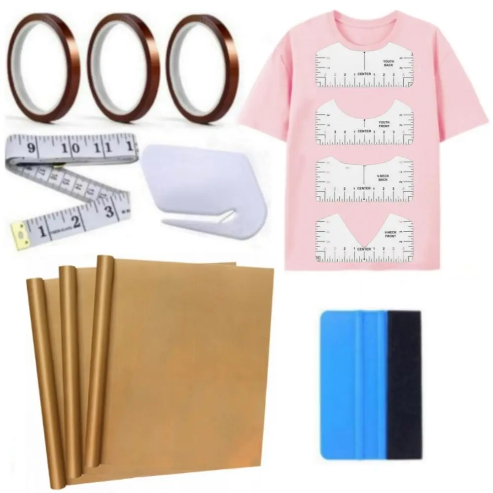 Sublimation Shirts Tape Measure Element Tool Kits - 4 T-Shirt Rulers, 3-Pack 12×16in Teflon Sheets, 2 Rolls Heat Resistant Tape, Squeegee for HTV Vinyl, Heat Press