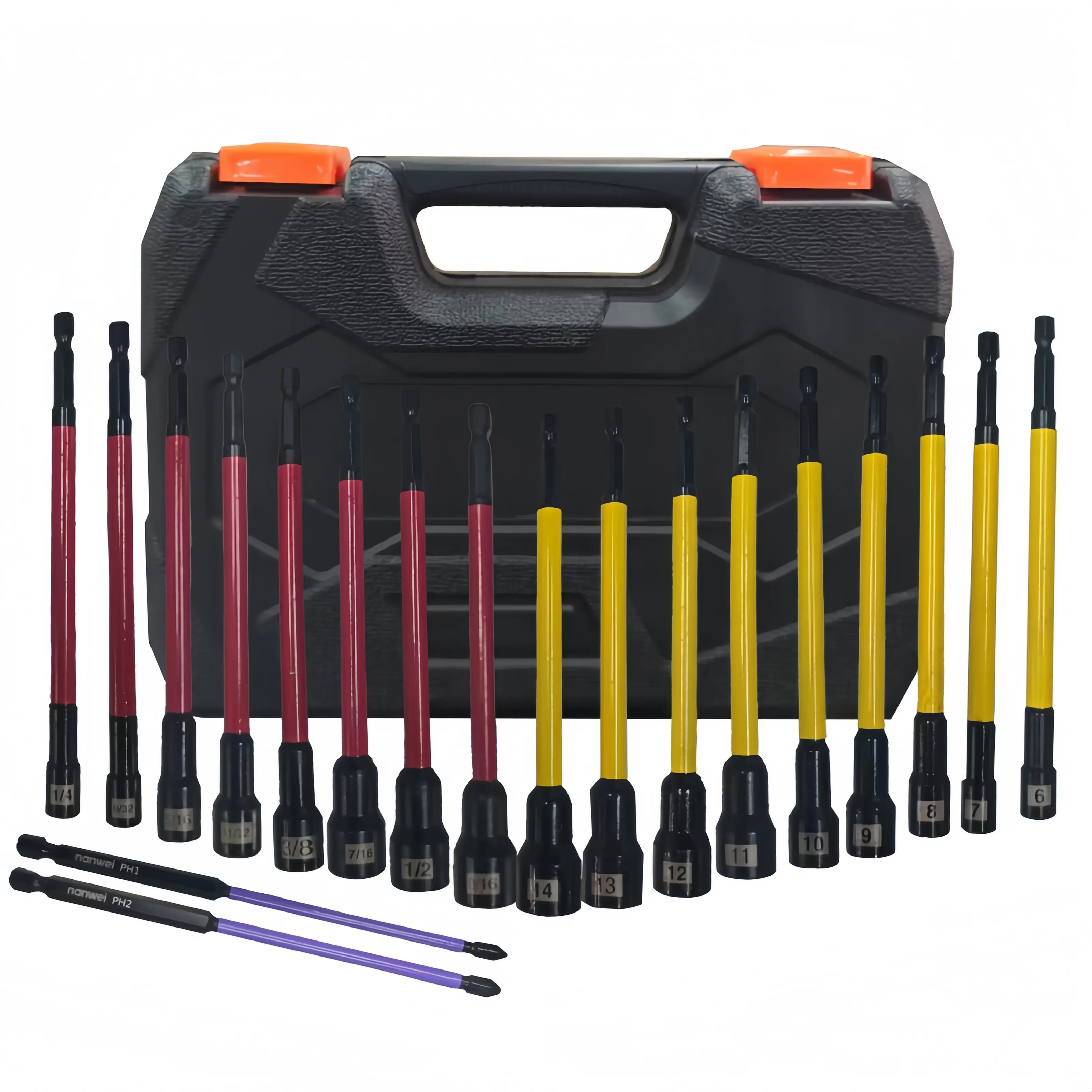 19Pcs Long Magnetic Nut Driver Bit Set, Metric & SAE Color Coded quick-change Hex shank Socket Drill Bits, 6 Inch Extra Long Impact Nut Drivers with PH1 PH2 Phillips Bits & Hard Storage Case for Auto Garage DIY Repair