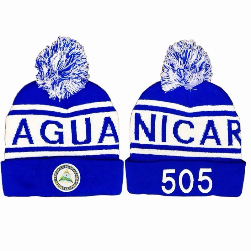 Beanie Nicaragua Aguani 505 Blue White Pom Pom Hat with National Emblem for Men