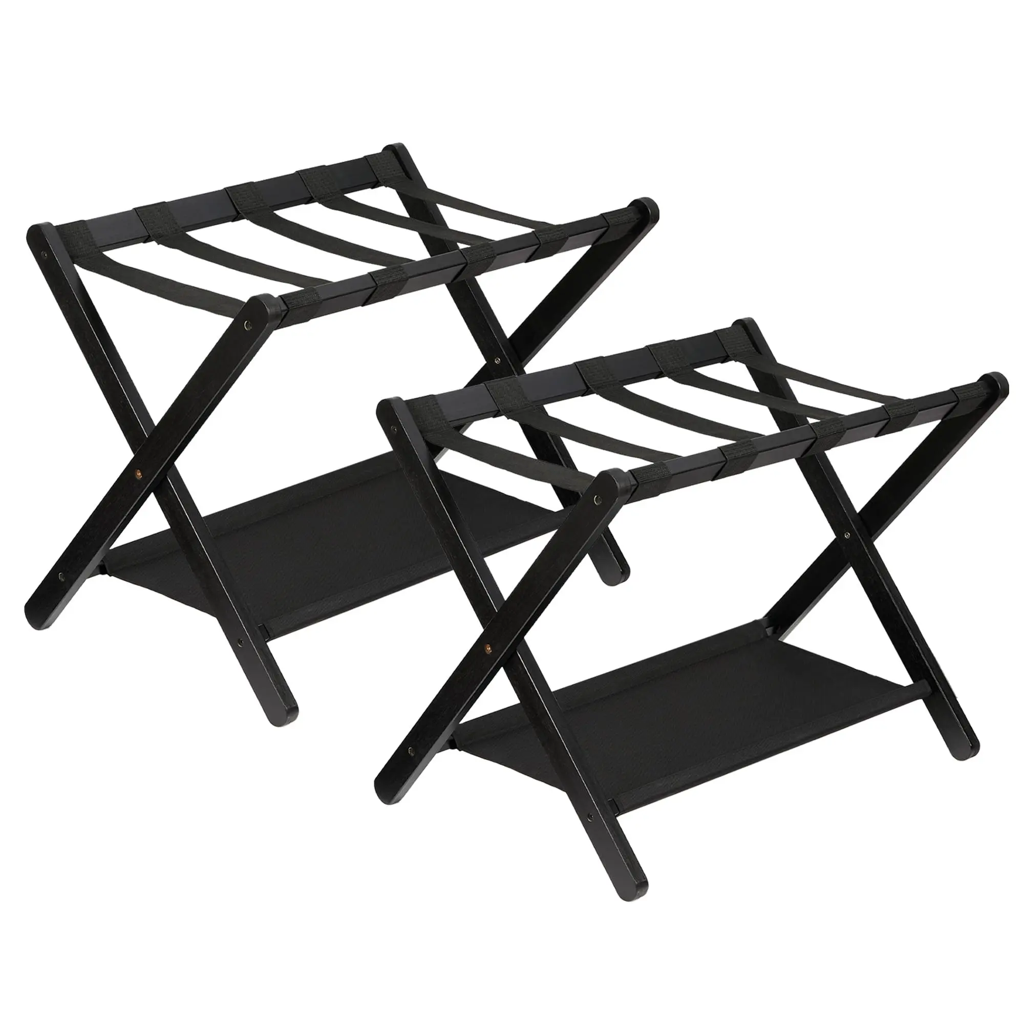 Garvee Premium Bamboo Folding Luggage Rack with Storage Shelf and Nylon Straps, Supports up to 110 lb, Fits Most Suitcases, Ideal for Bedrooms, Living Rooms, and Hotels, Black Finish