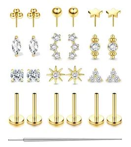 MILACOLATO 20G 18G Threadless Flat Back Earrings, Hypoallergenic Push in Stud Earrings 14K Plated Gold 316L Surgical Steel Cartilage Helix Conch Tragus Nose Piercing Jewelry for Women