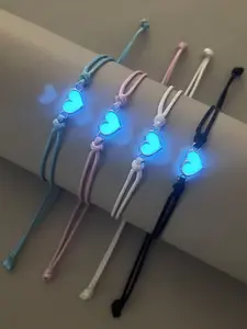 4 Piece Set Glow-In-The-Dark Heart Bff Bracelets, Simple Cute Handmade Knitted Friendship Wristbands, Perfect Gift for Family Friends, Couple Bracelet Set