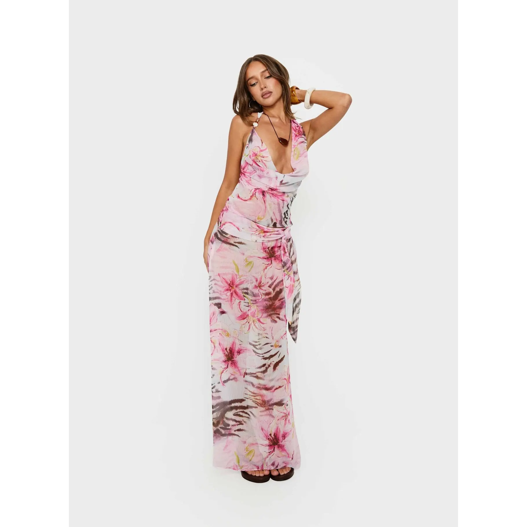 Karzi Chiffon Maxi Skirt Pink Floral