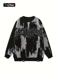 Women's Colorblock & Letter Print Ripped Round Neck Fitted Sweater, Casual Drop Shoulder Long Sleeve Jumper, Ladies Knitwear for Fall & Winter Daily Wear Tops Fashion Womenswear Piece, Knit Design