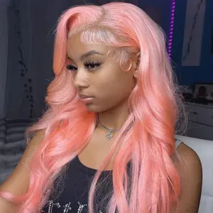 Light Pink Body Wave Lace Front Wigs Human Hair Brazilian 13x6 HD Transparent Lace Front Wigs Human Hair Glueless Wig Pre Plucked 180 Density 24 26 inch Pink Colored Body Wave Wig Human Hair For Women With Baby Hair
