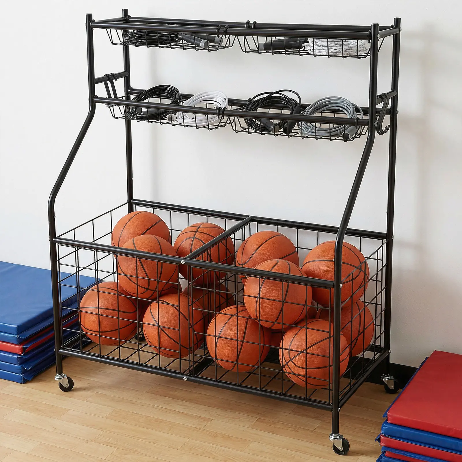 Heavy-Duty Smooth Rolling Sports Gear Storage Cart - Open Frame, Ventilation Design, Large Capacity Rack for Basketball, Soccer Balls, Unisex Coaches' Daily Garage & Outdoor Storage Solution (As Show)