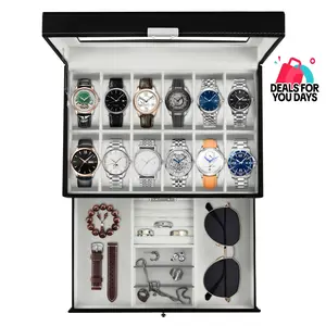 [Summer Sale Deals] Lockable PU Leather 12-Slot 2-Tier Watch Storage Box - Glass Lid Unisex Jewelry Display Drawer Case, Men's Accessories, Guys Gifts, Accessories for Women