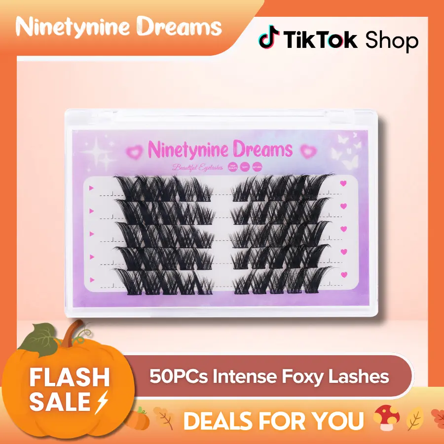 Ninetynine Dreams 50PCs Intense Foxy Lashes | Dramatic Wispy Long Pre-Mapped 8-16mm D Curl Beginner-Friendly False Eyelashes for Cat Eye & Siren Look — Reusable Waterproof Ultra-Thin Band Lash Clusters for Bold Glam Cat Eye Makeup
