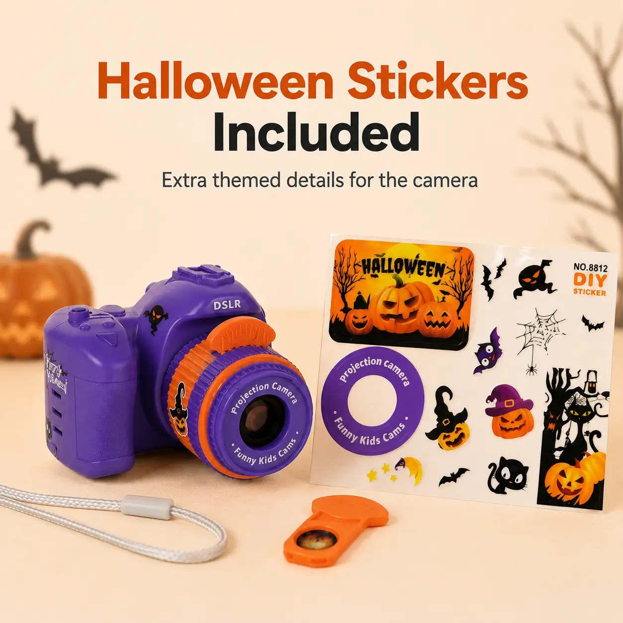 Halloween Projection Camera Toy, Kids Halloween Theme Camera with Projector Slides, Wrist Strap, DIY Stickers and Gift Box, Orange & Purple