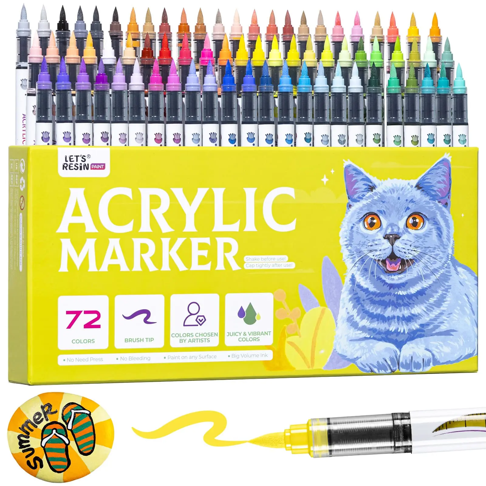 LET'S RESIN Acrylic Paint Markers Brush Tip, Coloring Book Marker Set, Automatic Ink Control Acrylic Paint Pens, No Bleed & Good Coverage Acrylic Markers for Coloring Books, Rock Painting, Canvas, Ceramic, Wood