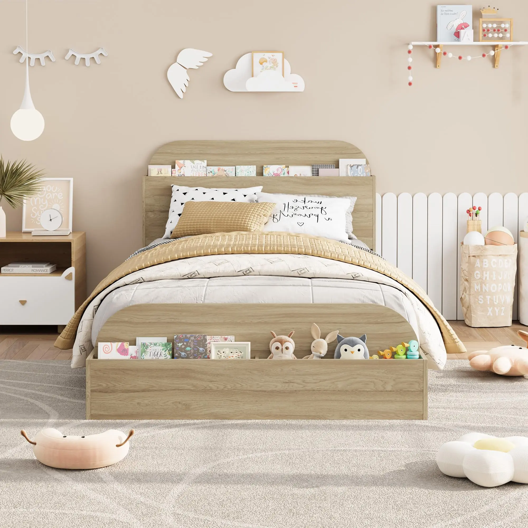Garvee Twin Size Bed Frame with Storage Headboard and Raised Footboard, Wooden Low Platform Bed for Bedroom, Sturdy Wooden Slats Support, No Box Spring Needed, Natural Finish