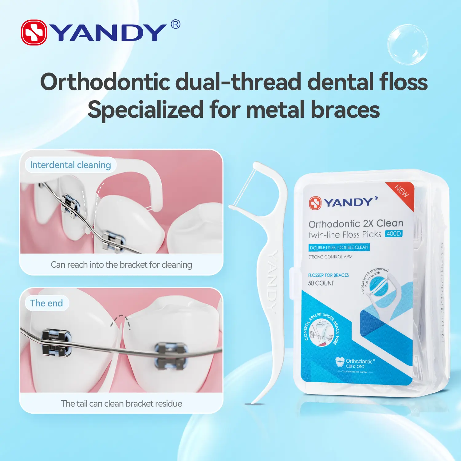 Orthodontic 2X Cleaning Dual-Line Floss Picks, 50-Count Travel Box – Safe for Braces, Gentle & Durable