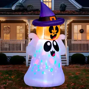 5 FT tall Halloween inflatable outdoor decoration, inflatable yard decoration ghost with colorful LED lights, inflatable ghost with pumpkin witch hat, suitable for outdoor decoration Ornaments
