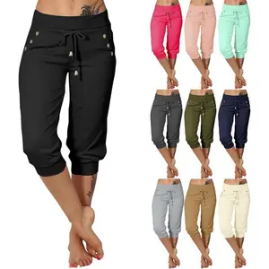 Women’s cropped high-waisted drawstring running pants with lightweight stretch, casual hiking pants, cropped pants with pockets