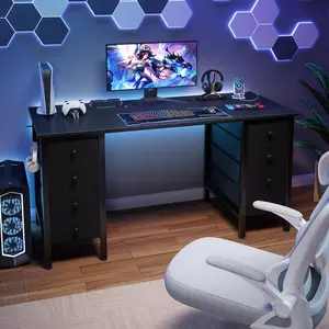 Black Gaming Desk with Fabric Drawers on Both Sides, 55 Inch Home Office Computer Study Writing Work PC Desk with 8 Storage Drawers Storage for Bedroom