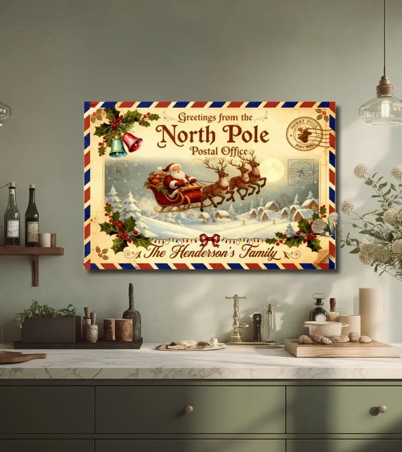 Personalized North Pole Postcard Art, Vintage Christmas Family Decor